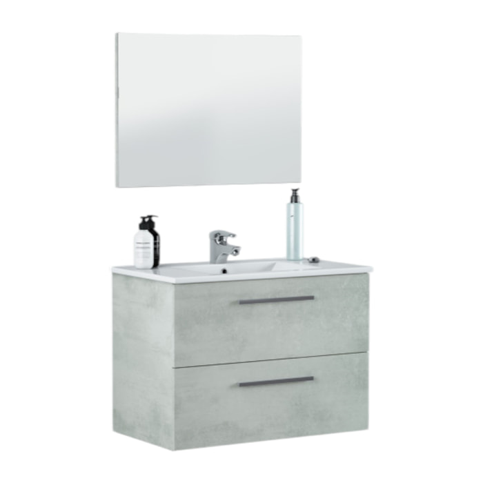 Mobile sottolavabo Inglewood, Mobiletto per bagno sospeso, Armadio a 2 cassetti e specchio, cm 80x45h57, Cemento