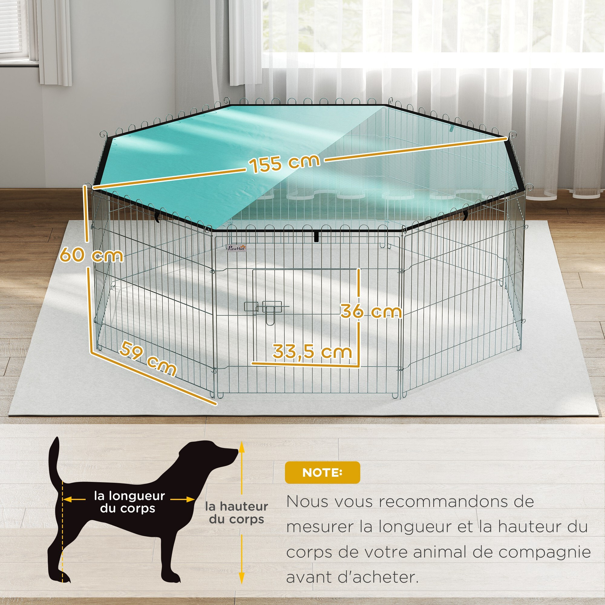 Parc pour chien 8 panneaux - avec toit, modulable et pliable - 60H cm - avec porte - intérieur et extérieur - argent vert
