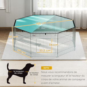 Parc pour chien 8 panneaux - avec toit, modulable et pliable - 60H cm - avec porte - intérieur et extérieur - argent vert
