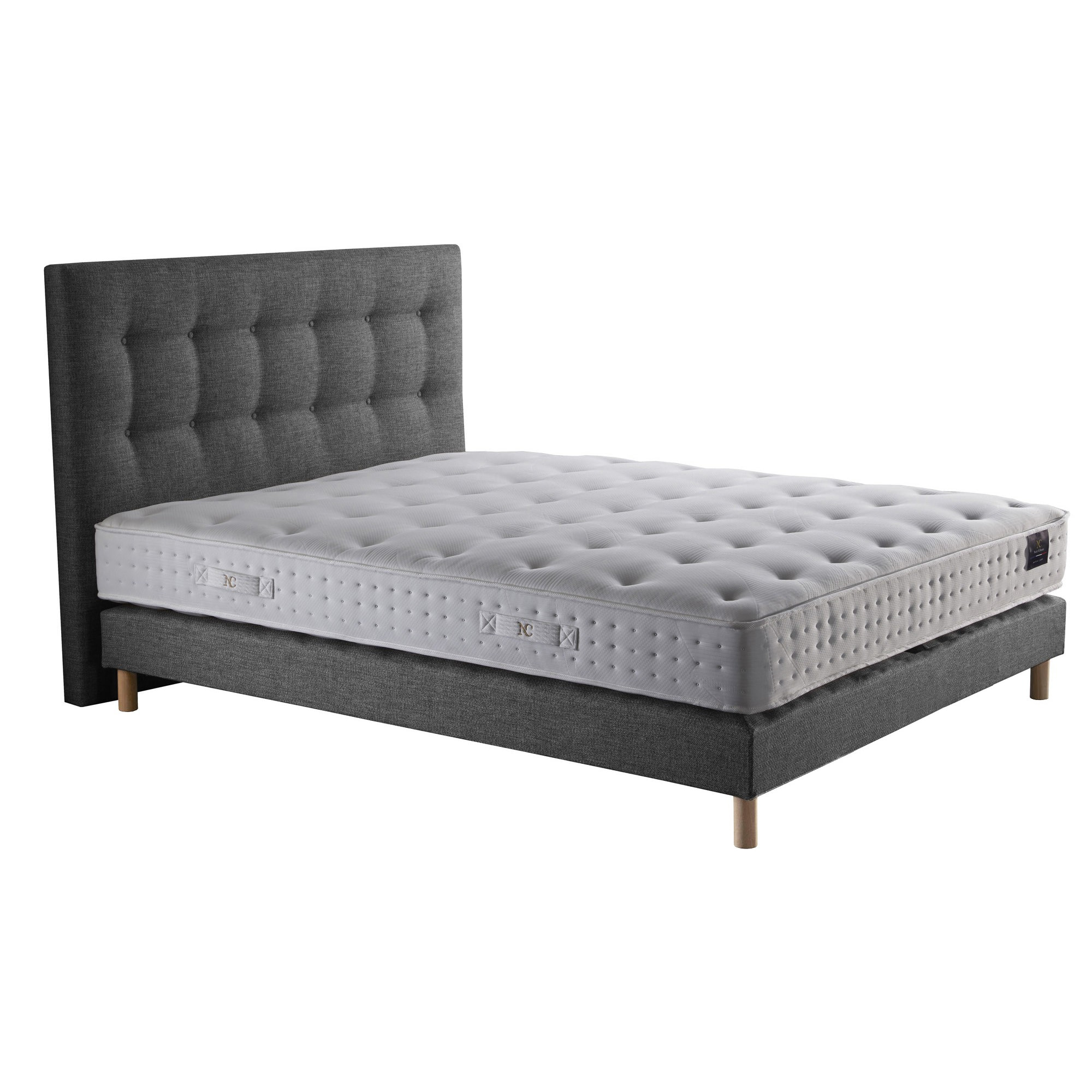 Ensemble Clarté + tête de lit capitonnée - Matelas latex naturel - Sommier Gris éléphant