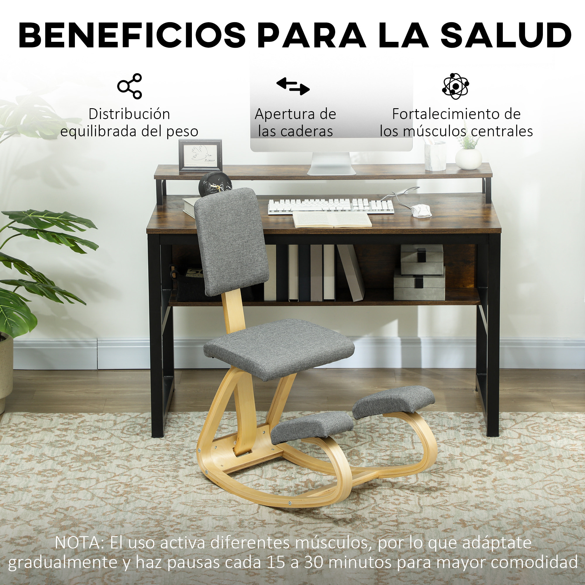 Silla Ergonómica de Rodillas con Respaldo, Silla de Rodillas, Cojines Acolchados, Marco de Madera, para una Mejor Postura, Oficina, Gris