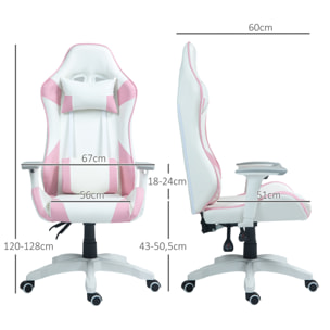 HOMCOM Silla Gaming Reclinable Silla Gamer Giratoria con Cojín Lumbar Reposabrazos Ajustable Reposacabezas Extraíble Basculante y Altura Ajustable para Oficina Estudio 67x60x120-128 cm Blanco y Rosa