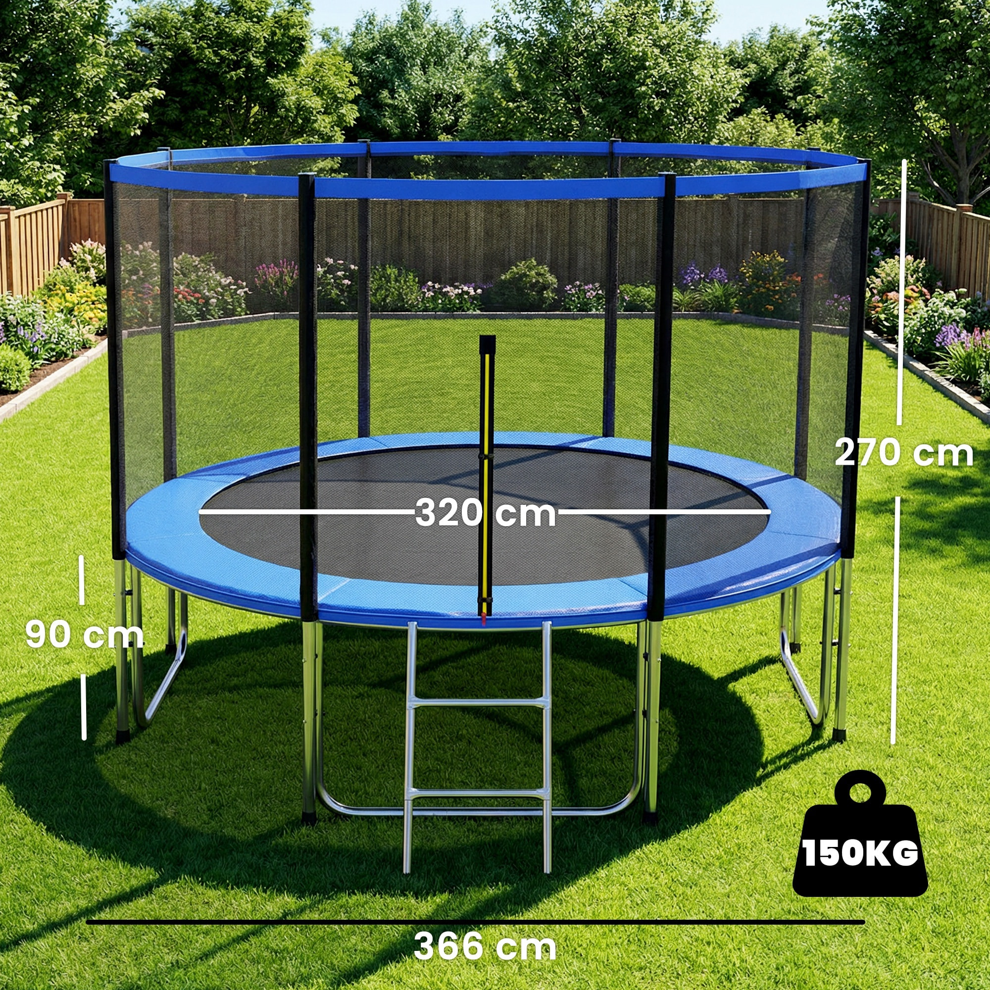 Cama Elástica para Niños Exterior Ø366 cm, Trampolín para Niños de +6 Años con Red de Seguridad, Escalera, Acolchado de Muelles y Marco de Acero Galvanizado, Carga 150 kg