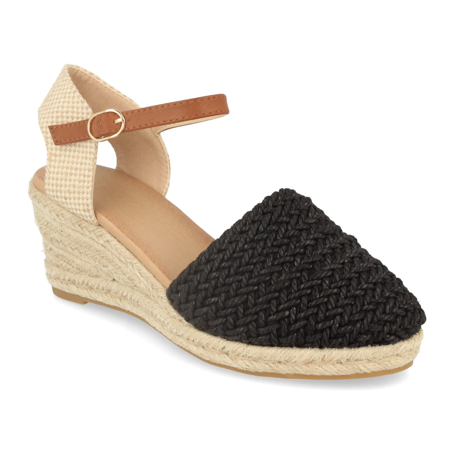 Sandalia para Mujer con Cuña de Yute, Pala Cerrada de Rafia, Talon Abierto y Cierre de Hebilla Primavera Verano 2020