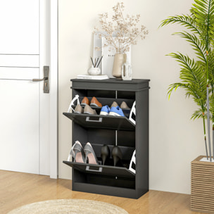 Meuble à chaussures 2 portes abattants 2 étagères poignées métal noir MDF noir