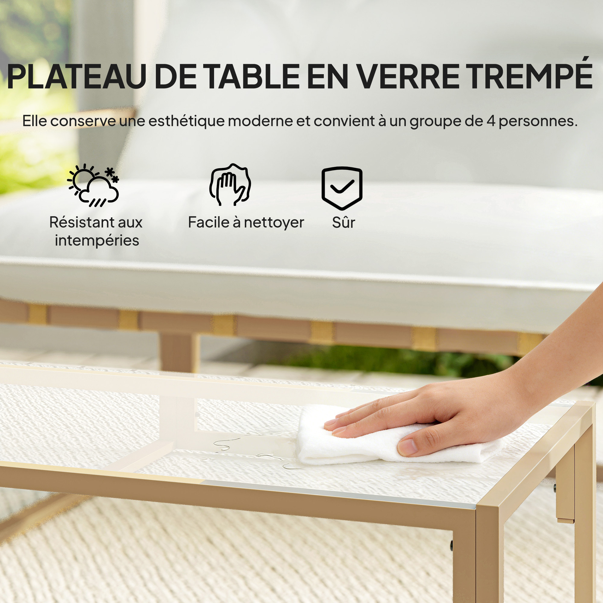 Salon de jardin extérieur 4 pièces avec coussins ultra-épais 15cm - ensemble mobilier de jardin et salon bas pour terrasse - canapé 2 places avec table basse et 2 fauteuils, cadre acier kaki