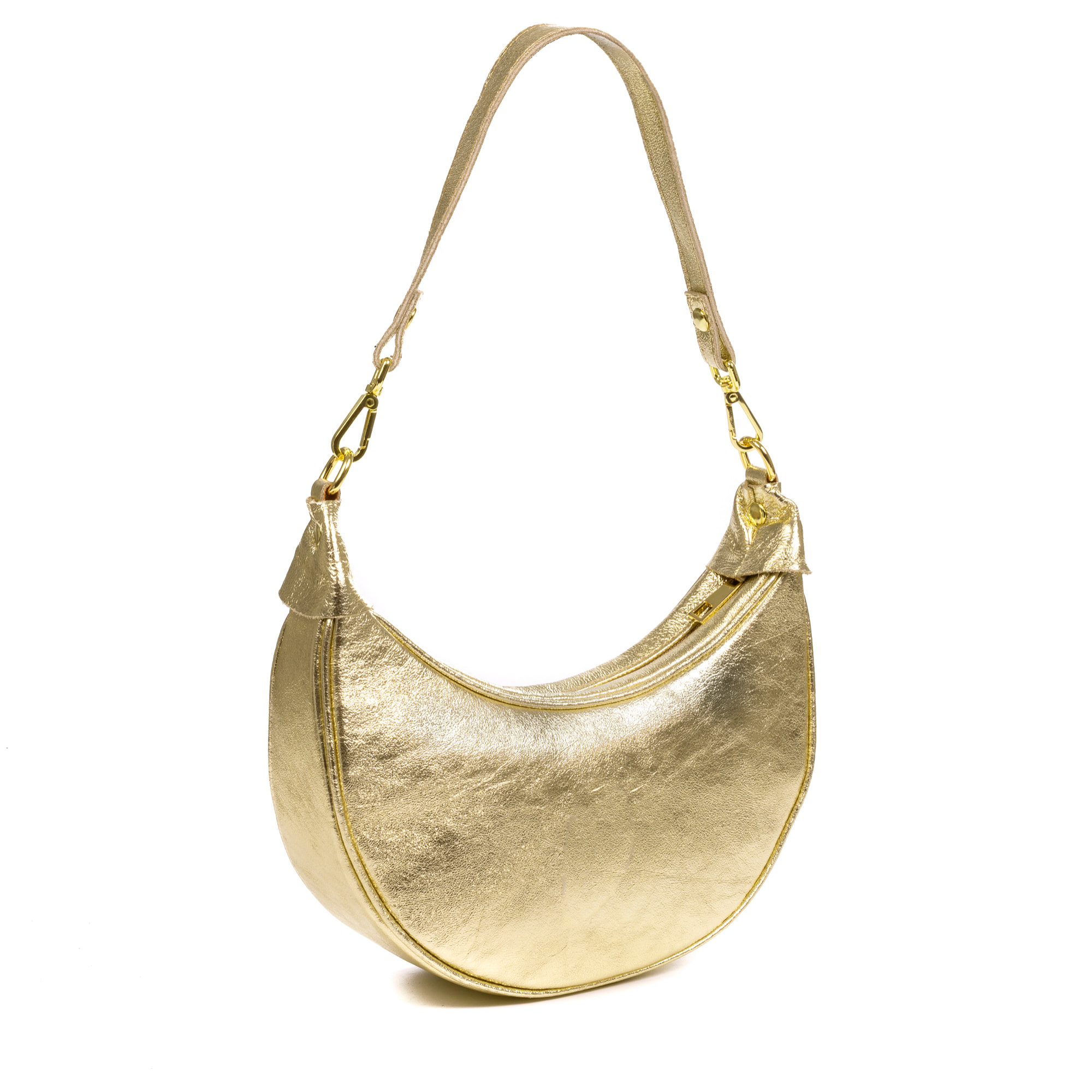 Asís borsa a tracolla e a mano, in pelle autentica con finitura scamosciata laminata, con design a mezzaluna.