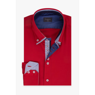 Camicia Uomo 2 Bottoni Button Down 7bottoni Doppio Coll Satin Unito Rosso