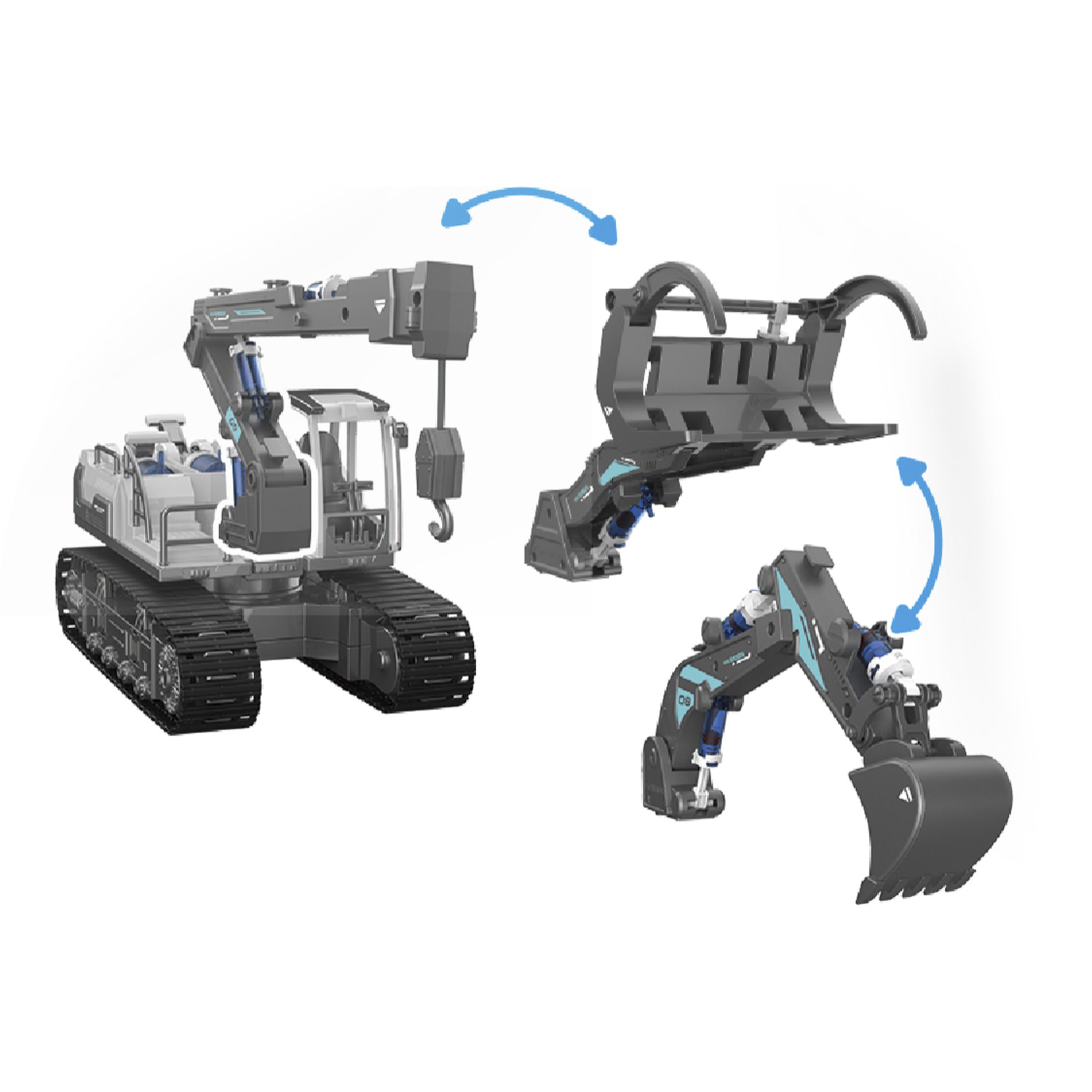Macchinari idraulici 3 in 1: escavatore, gru e caricatore di legno. Per costruire, 168 pezzi.