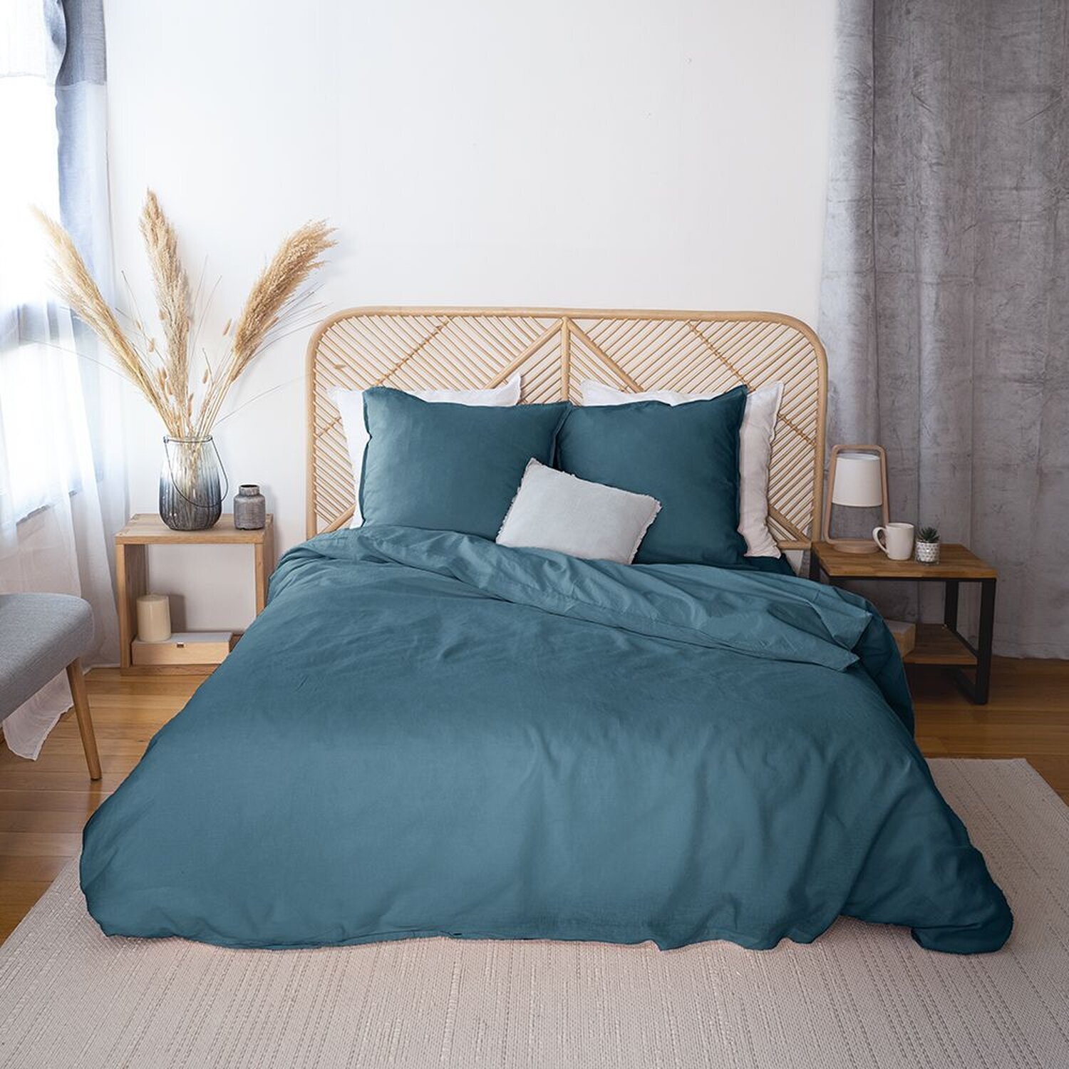 Parure housse de couette unie en coton lavé et lin - lynn - bleu marine