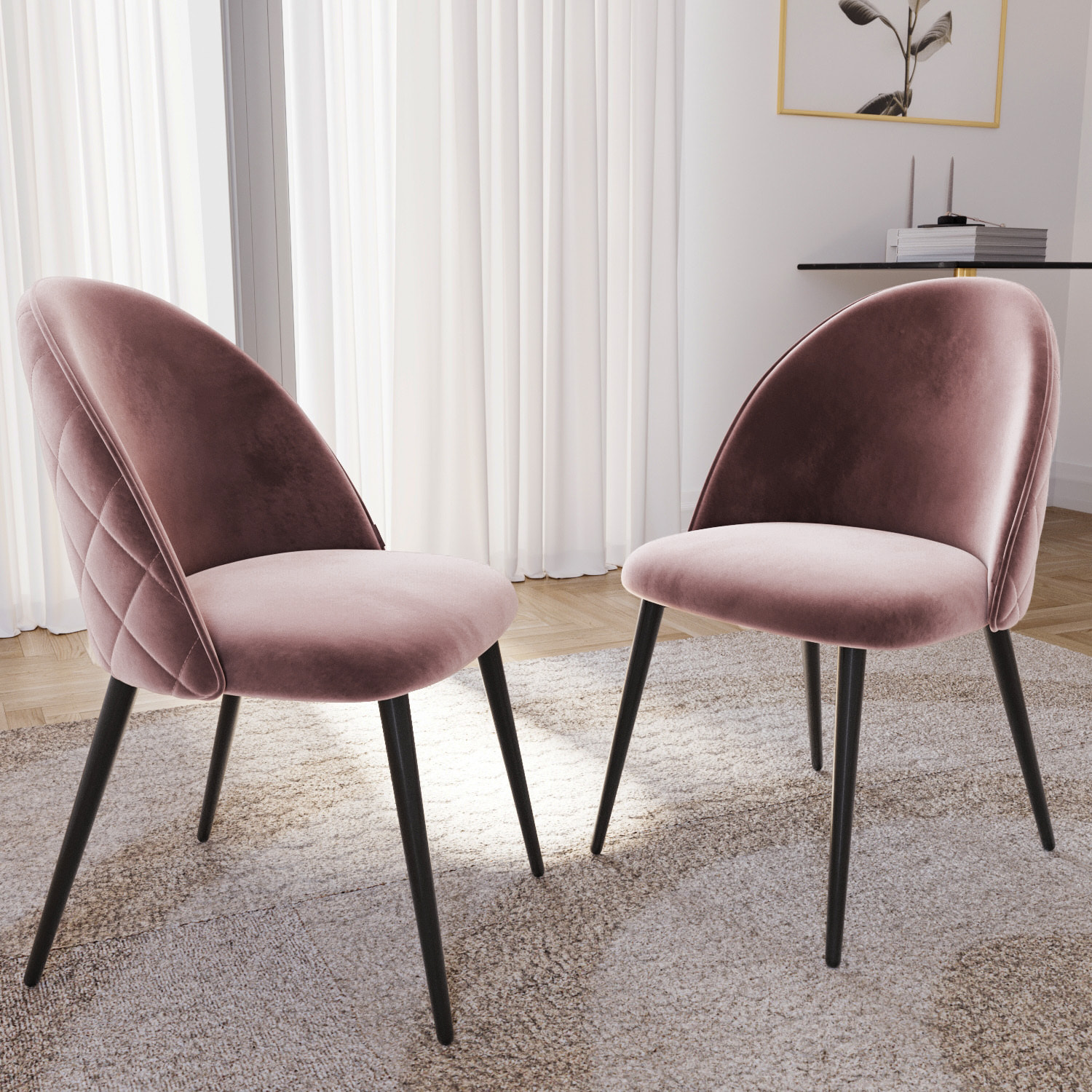 Set di 4 Sedie Imbottite Da Pranzo In Velluto Sedia Gambe In Metallo Nero Schienale Soggiorno Salotto Camera 43 x 47.5 x 80 Cm (Rosa)