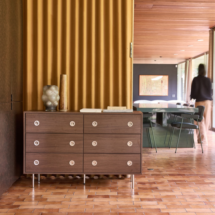 Commode vintage décor bois et acier inoxydable 6 tiroirs SHELBY