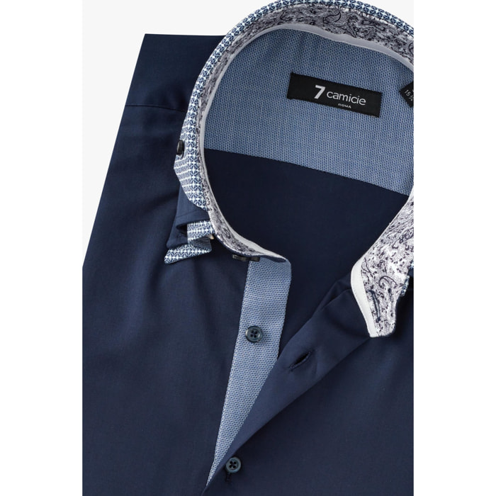 Camicia Uomo 2 Bottoni Button Down Triplo Collo Slim Satin Unito Blu