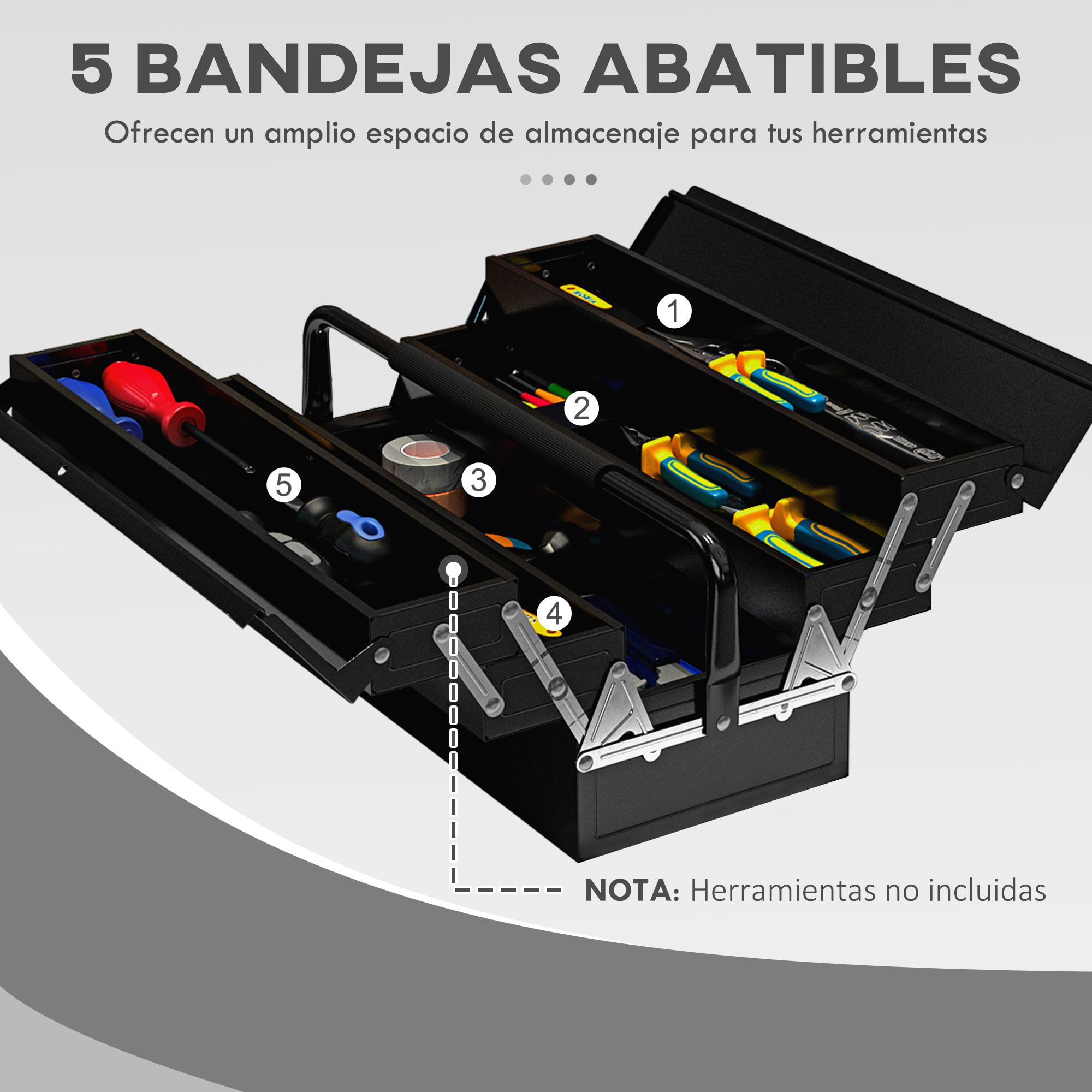 Caja de Herramientas Metálica, Maletín de Herramientas de Acero Plegable con 5 Bandejas y Asa, para Taller, Garaje, 45x20x34,5 cm, Negro