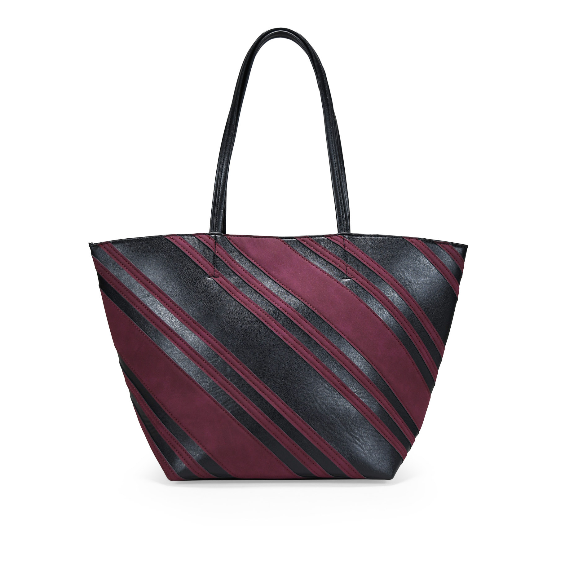 Bolso shopper negro con rayas burdeos