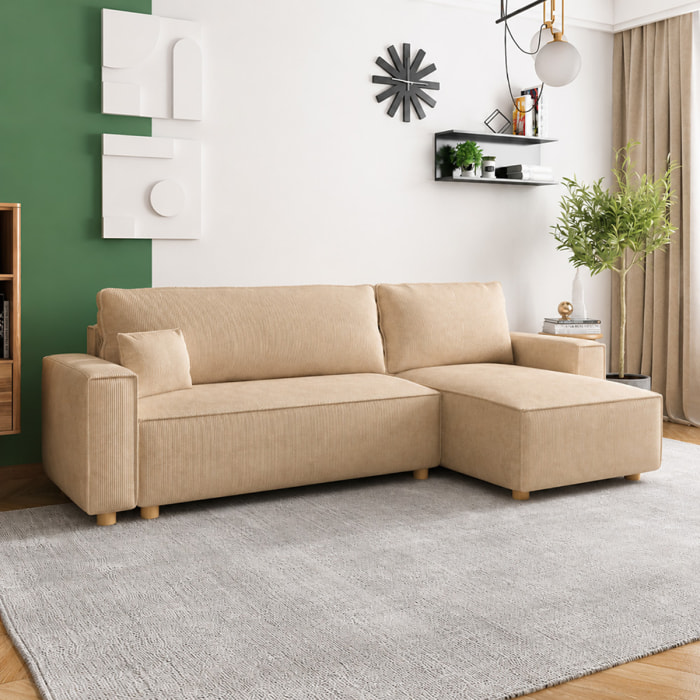 Canapé convertible d'angle réversible 4 places velours côtelé beige OGGIE