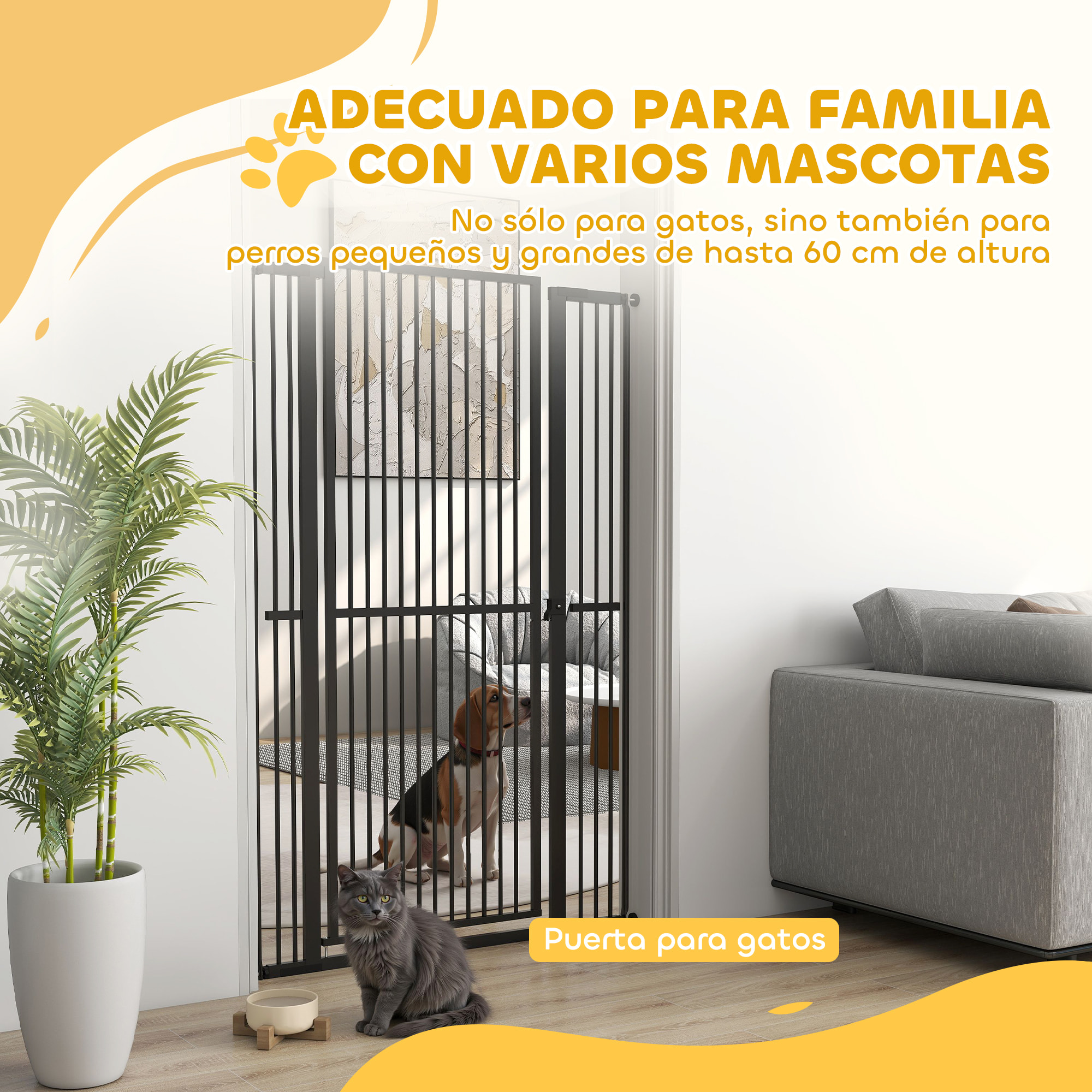 Barrera de Seguridad para Perros y Gatos Extra Alta 150 cm, Barrera para Perros Extensible 77-104 cm para Puertas y Escaleras, con Montaje a Presión, 2 Extensiones y Puerta de Paso, Negro