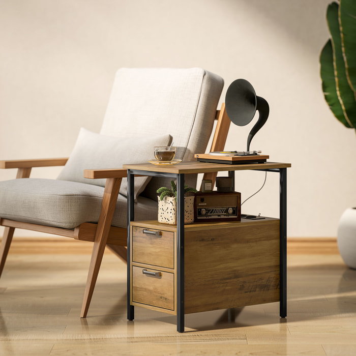 Bout de canapé table basse d'appoint 2 tiroirs niche 2 prises port USB métal noir effet bois vieilli