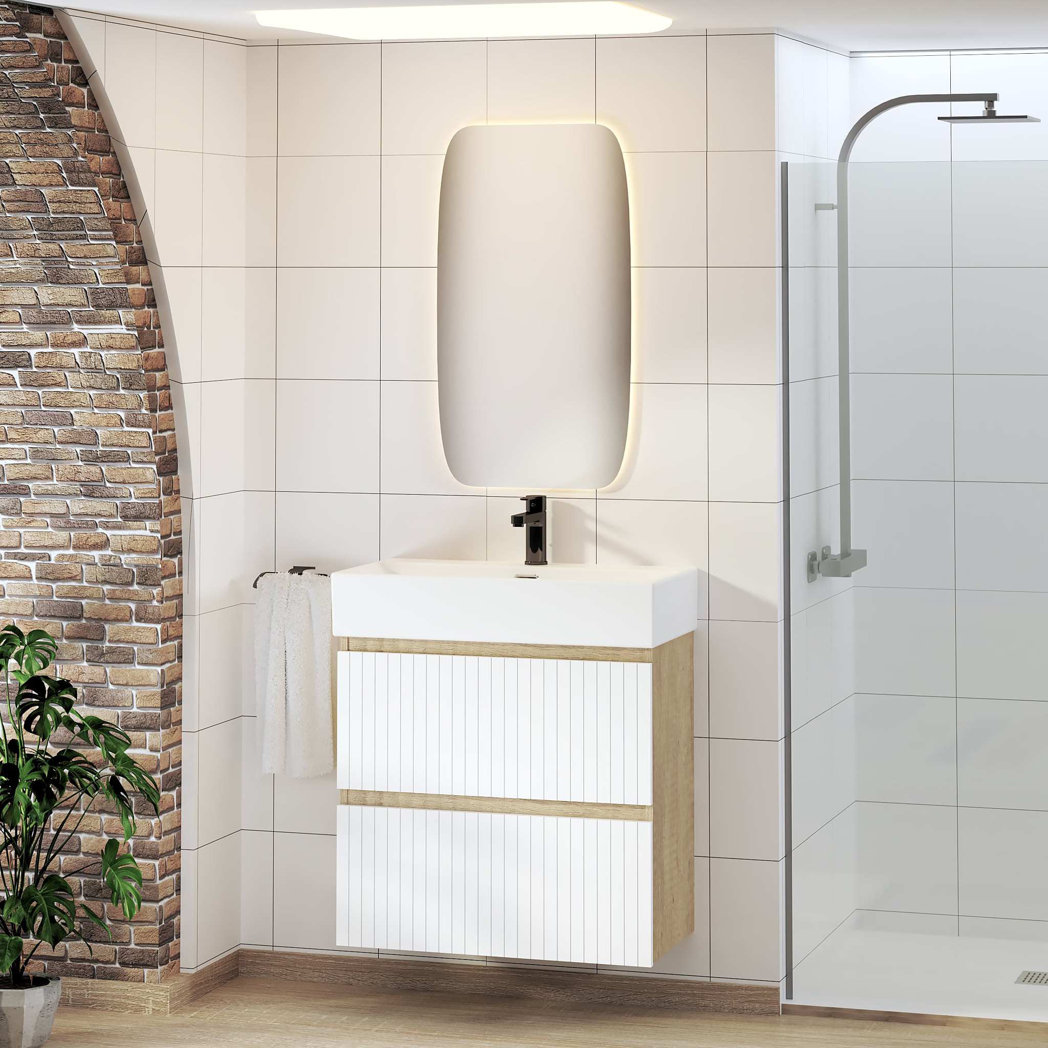 Conjunto de Baño Zel | Mueble Suspendido | 70 cm Blanco | Dos Cajones | Lavabo Encastrado | No incluye Espejo | Mueble Montado| Alday