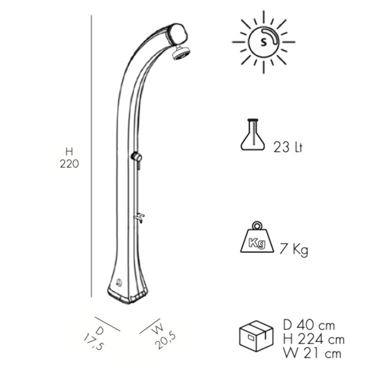 Douche solaire anthracite avec rince-pieds, réservoir 23 L, pour jardin et piscine, Arkema Happy (H120/7016)