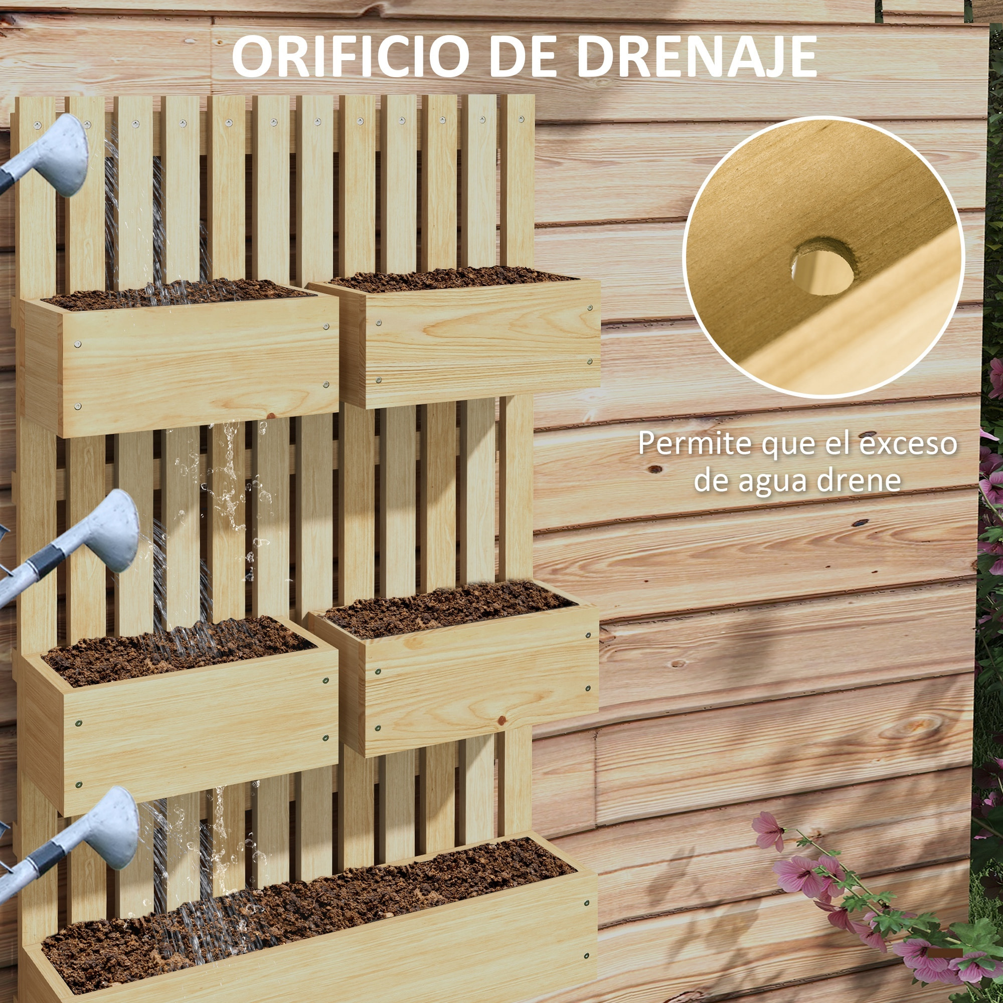 Jardinera de Pared con Enrejado, Jardinera Exterior Grande de Madera con 5 Macetas Móviles, Tela no tejida y Orificios de Drenaje, para Exterior, Jardín, Terraza, Patio, 60x16x100 cm, Natural
