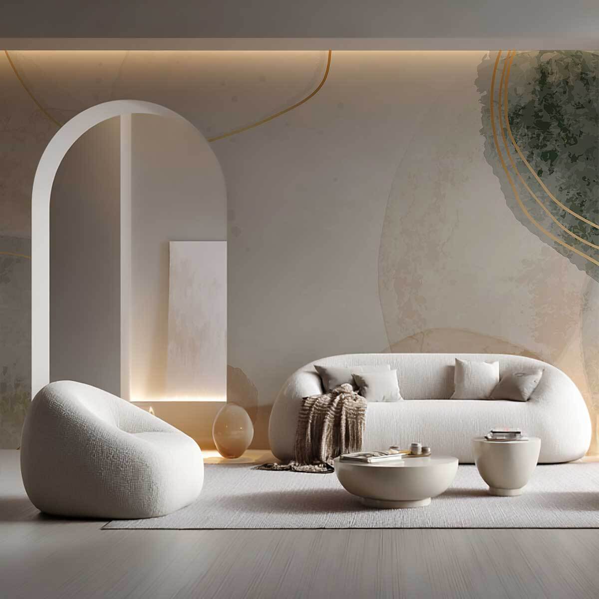 Papier peint formes organiques beige et vert sauge contemporain Intissé