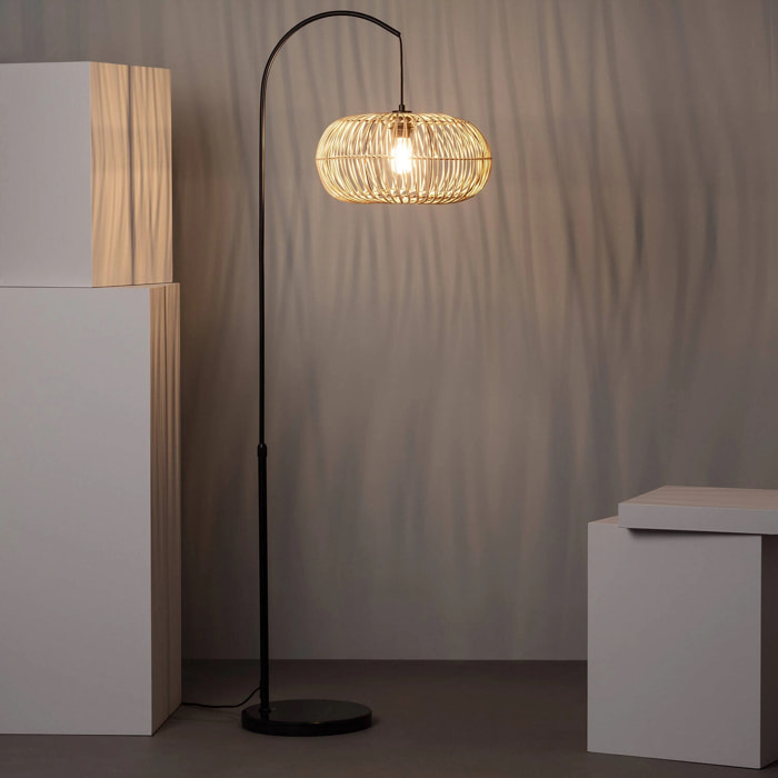 Lampadaire intérieur exotique rotin naturel métal et pierre effet marbre H170cm Diego