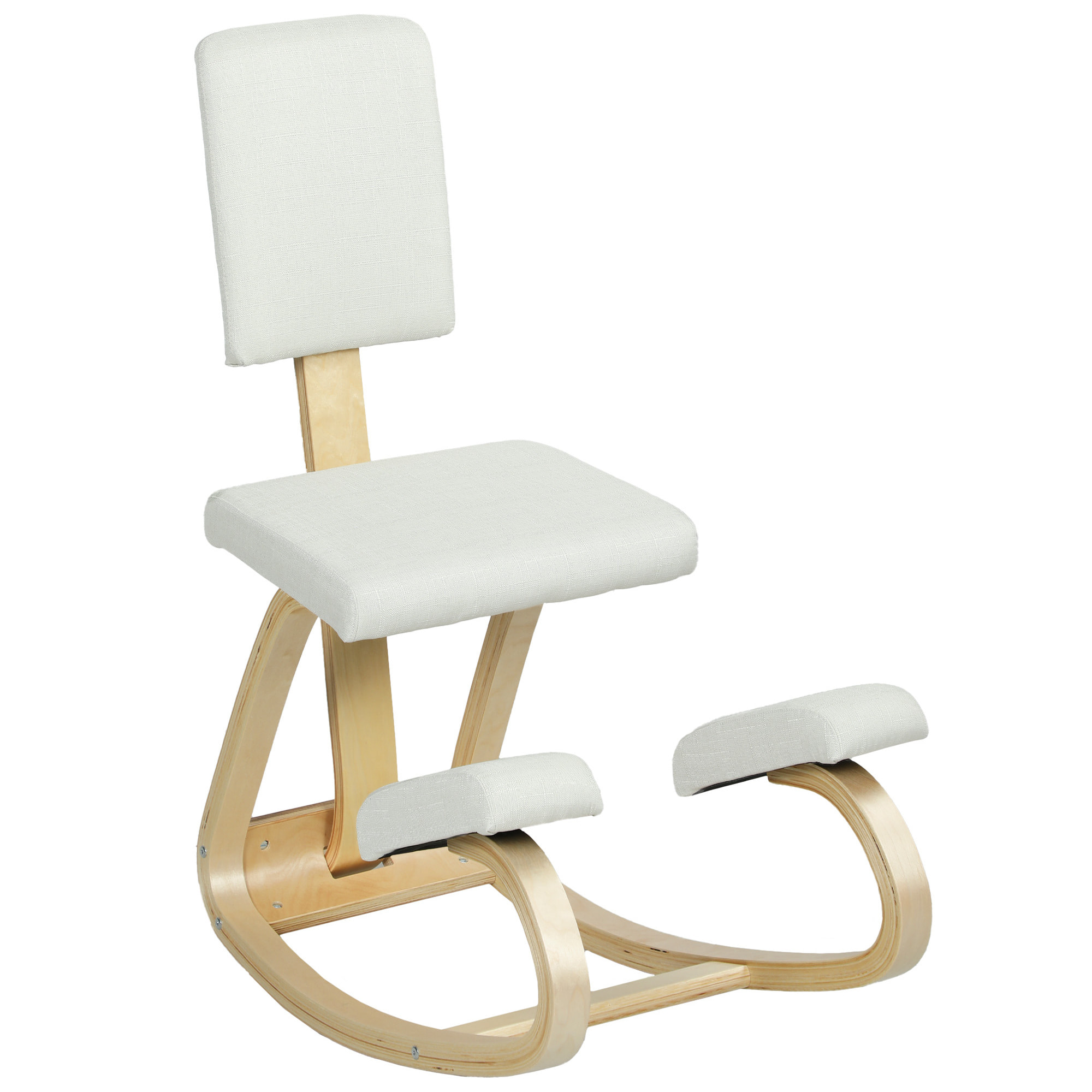 Siège ergonomique - siège assis-genoux - chaise assis genoux avec dossier - bois bouleau tissu blanc cassé