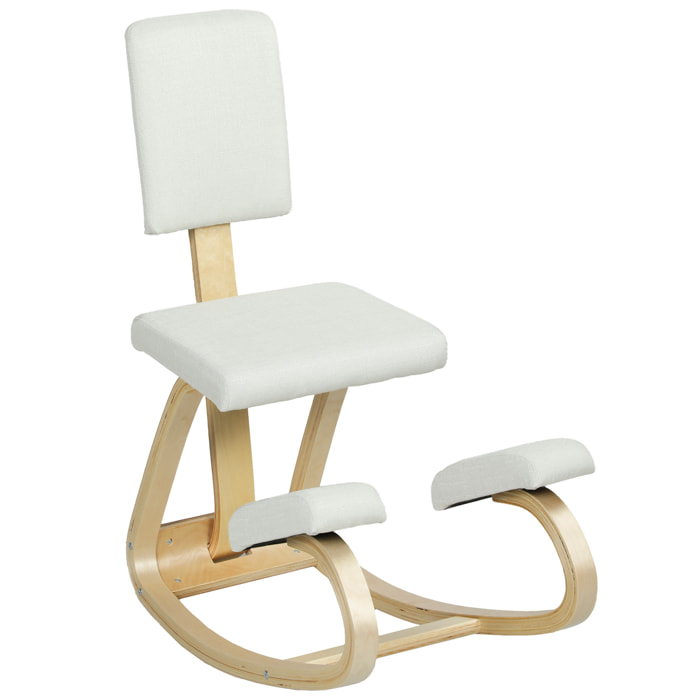 Siège ergonomique - siège assis-genoux - chaise assis genoux avec dossier - bois bouleau tissu blanc cassé