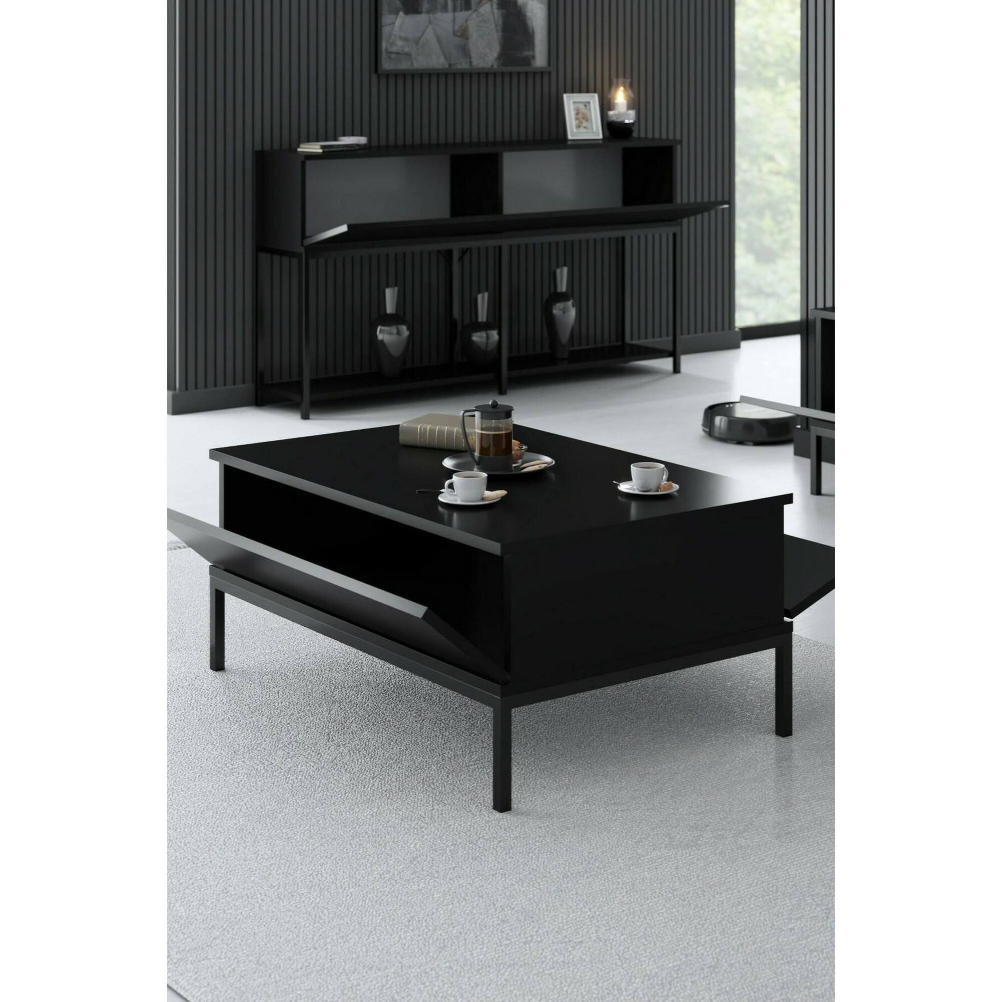 Tavolino da salotto Vespero, Tavolo basso da caffè, Portariviste per divano, Ripiano da soggiorno, 90x60h40 cm, Nero