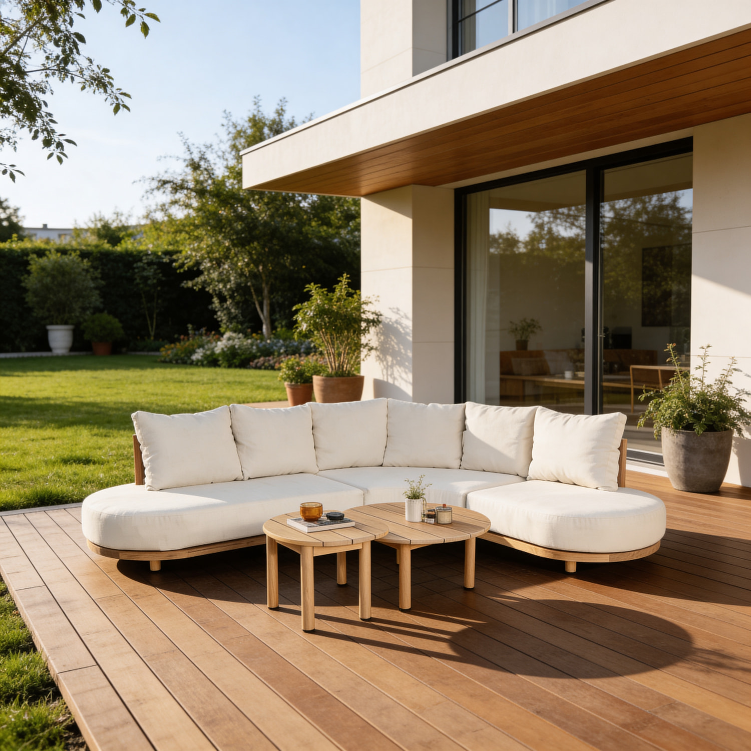 Salon de jardin 5 places en acacia et coussins beige LAGOA