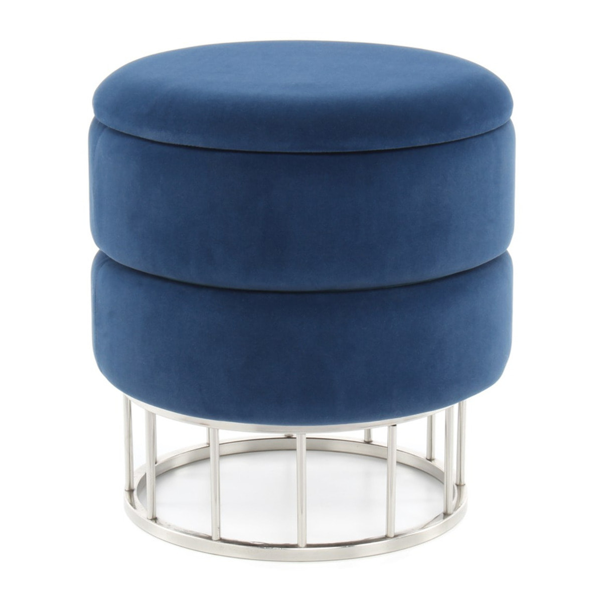 Pouf contenitore Zero in velluto blu e acciaio argento