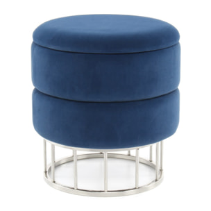Pouf contenitore Zero in velluto blu e acciaio argento