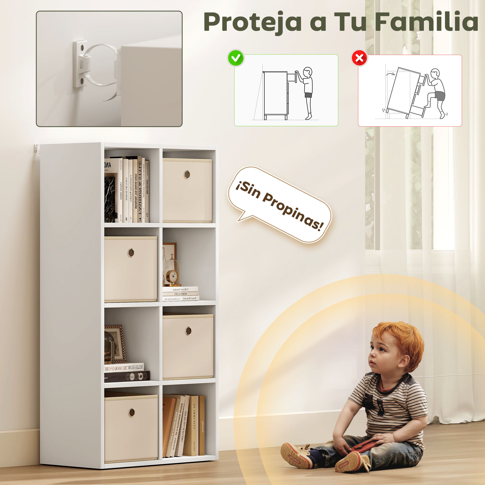 Estantería de 8 Cubos, Librería, Estantería para Libros con 4 Cajones de Tela, Horizontal o Vertical, para Salón, Dormitorio, Estudio, 105,9x30x53,7 cm, Blanco y Beige