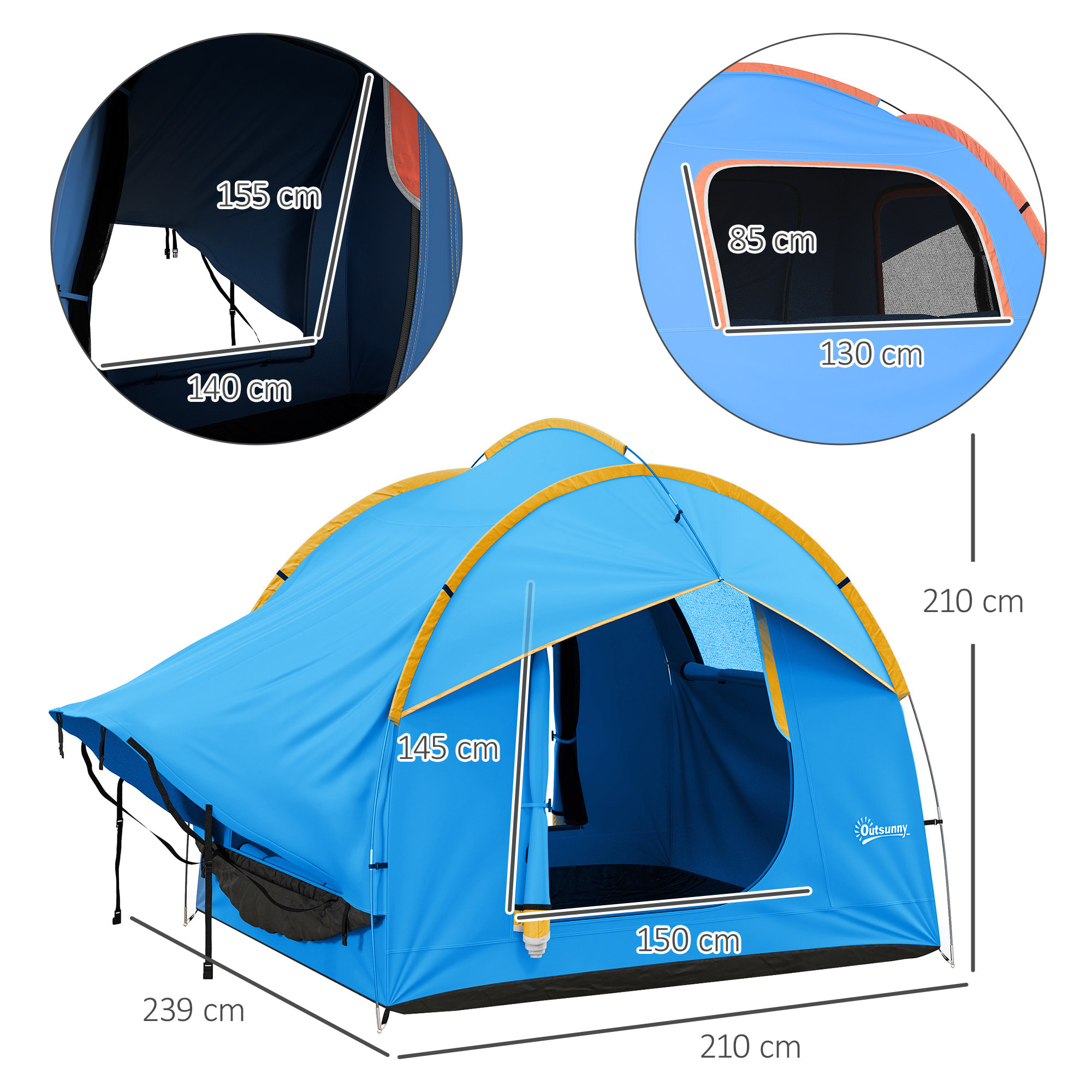 Tente arrière hayon véhicule 4 personnes - auvent pour voiture 3 portes et fenêtre en maille - bleu