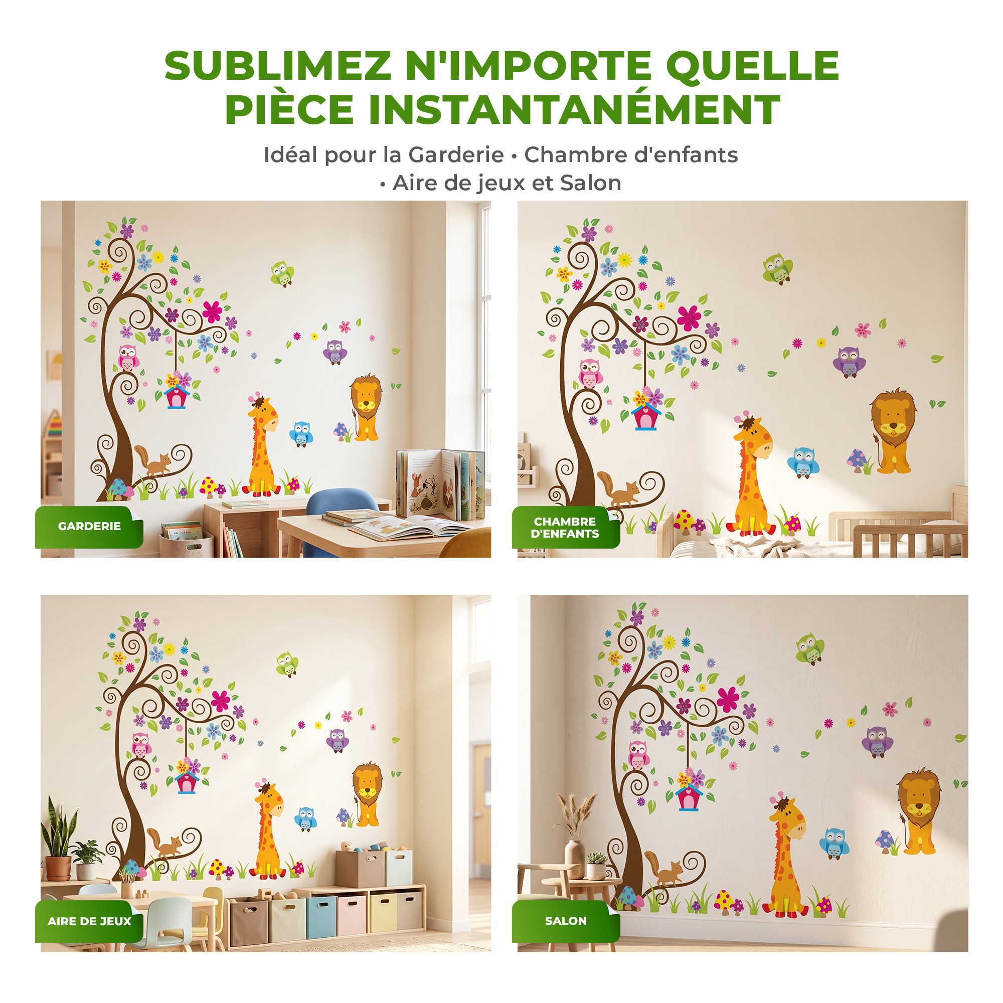 Stickers Muraux décoration adhésifs géant - Arbre, fleurs, girafe et lion