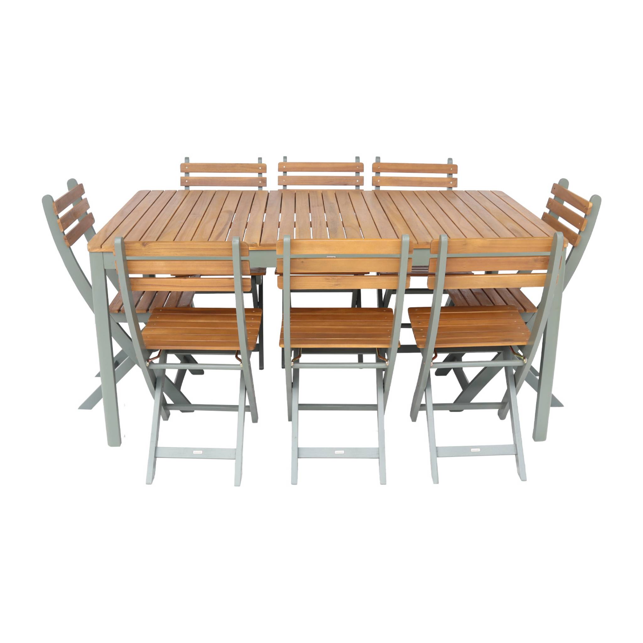 Table de jardin acacia avec coins arrondis + 8 assises kaki. 160 x 90 x 75 cm
