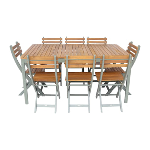 Table de jardin acacia avec coins arrondis + 8 assises kaki. 160 x 90 x 75 cm