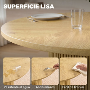 Mesa de Comedor Redonda, Mesa de Cocina para 4-6 Personas con Base Cilíndrica Acanalada, Marco Metálico, para Sala de Estar, Carga 100 kg, Ø110x75 cm, Roble