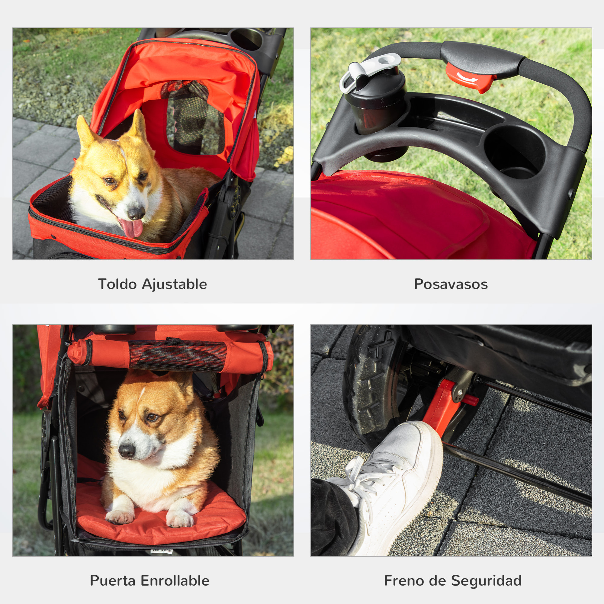 Cochecito para Mascotas Plegable Carritos para Perros con 3 Ruedas Puerta Ventanas de Malla Cesta de Almacenaje y Correas de Seguridad Marco Acero 109,5x57,5x106,5 cm Rojo