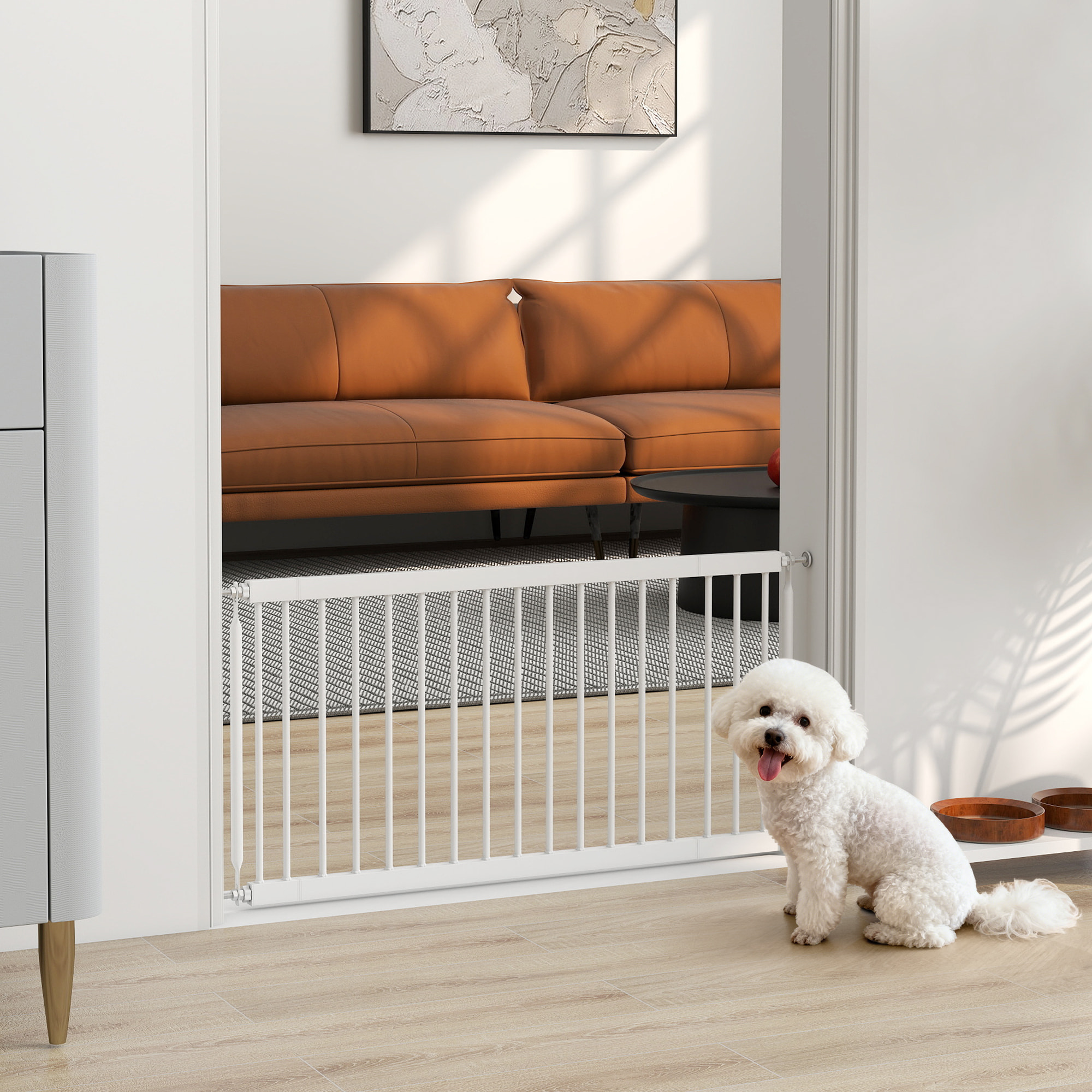 Barrera de Seguridad para Perros Pequeños Extensible 67-93,5 cm, Altura 45 cm, para Puertas y Escaleras, Puerta para Perros con Montaje a Presión, 2 Extensiones 7/14 cm, Blanco