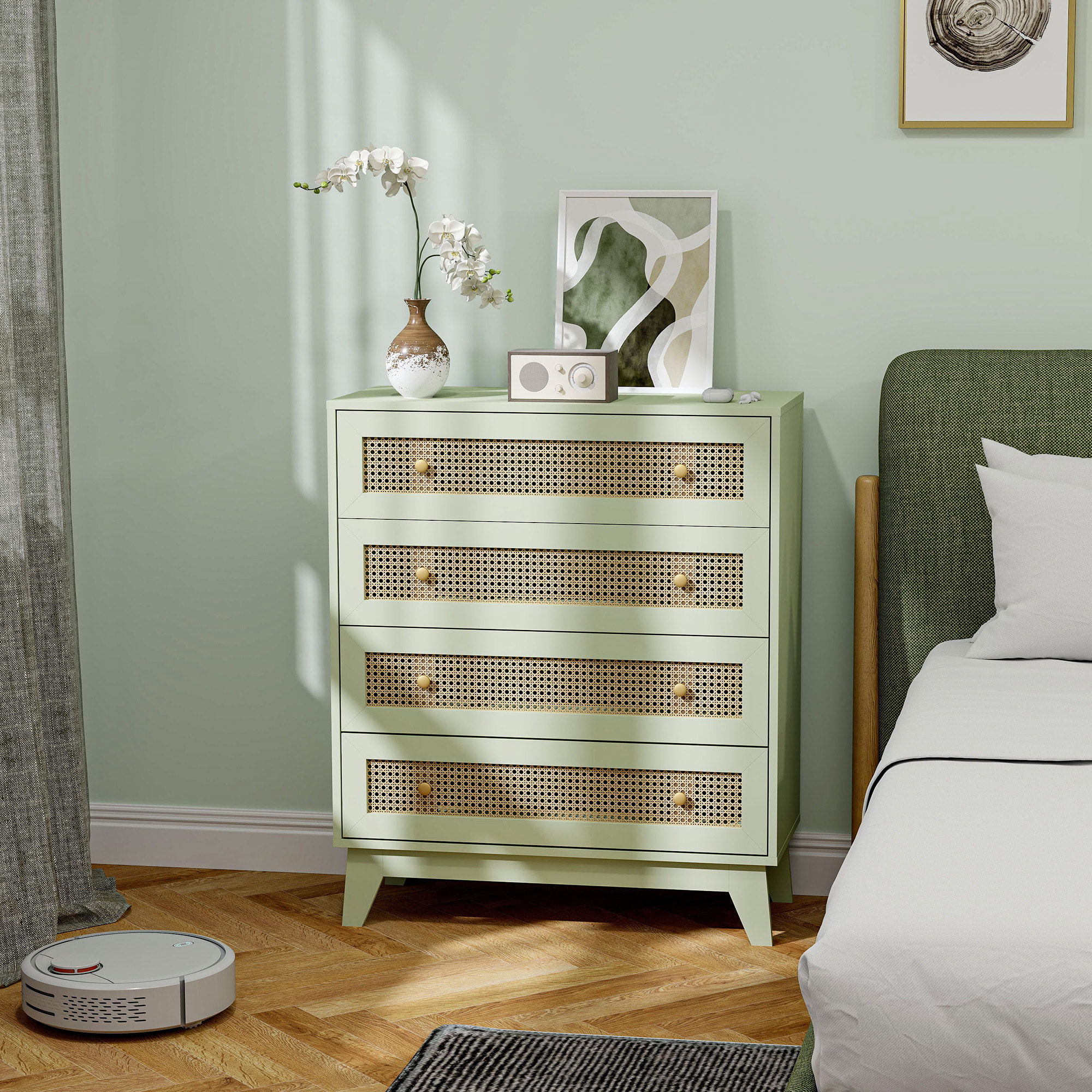 Commode 4 tiroirs style bohème chic cannage en rotin vert