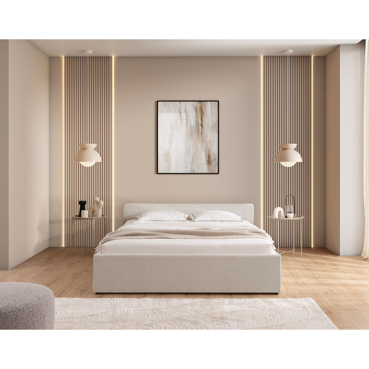 Billy - lit coffre - 140x190 cm - en tissu texturé - sommier inclus - Gris clair