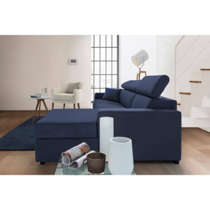 Divano Letto Alceste, Divano ad angolo, 100% Made in Italy, Sofà con apertura girevole, con Penisola contenitore Destra, con Braccioli slim, Cm 260x95h85, Blu