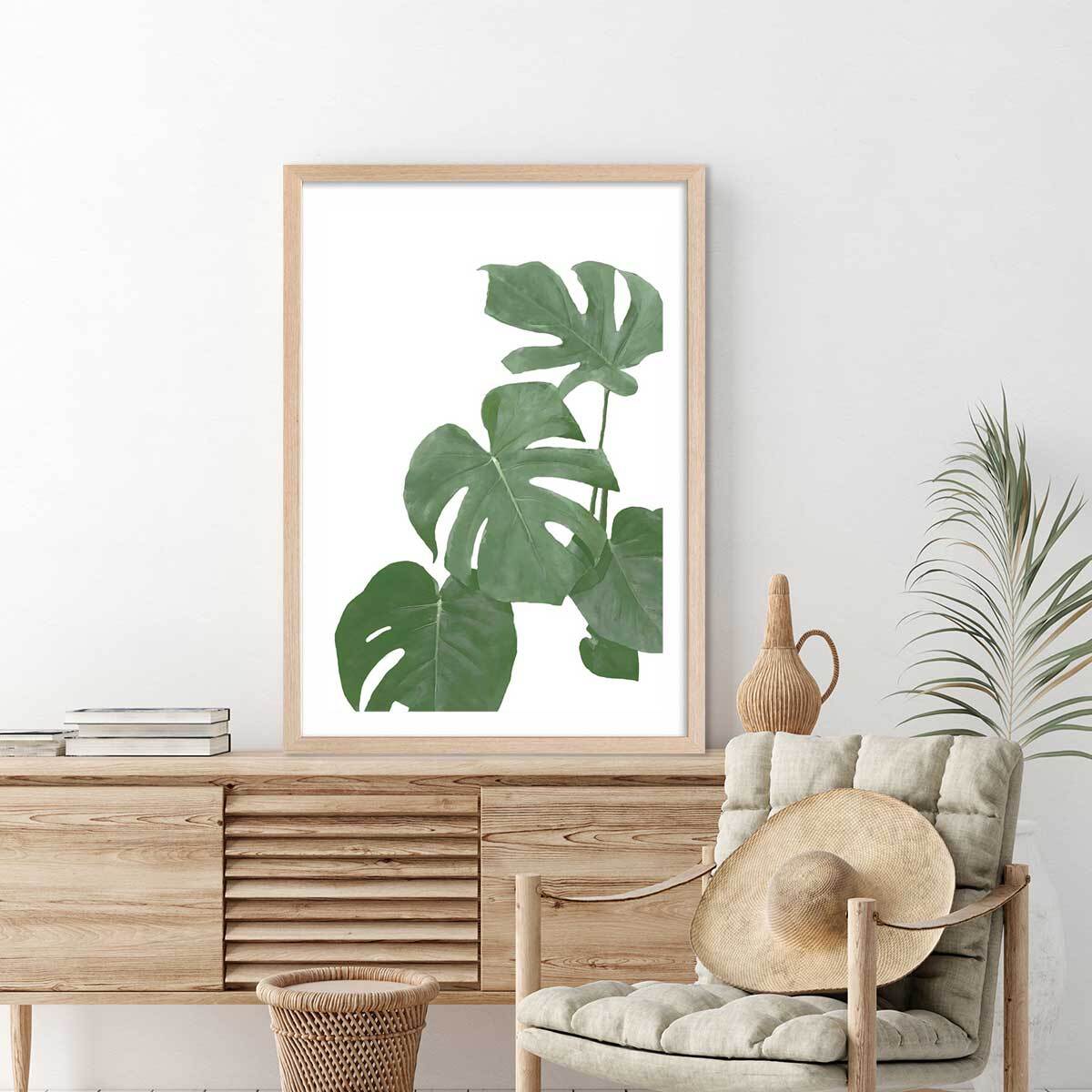 Affiche Feuilles de Monstera Affiche + cadre en bois - Chêne