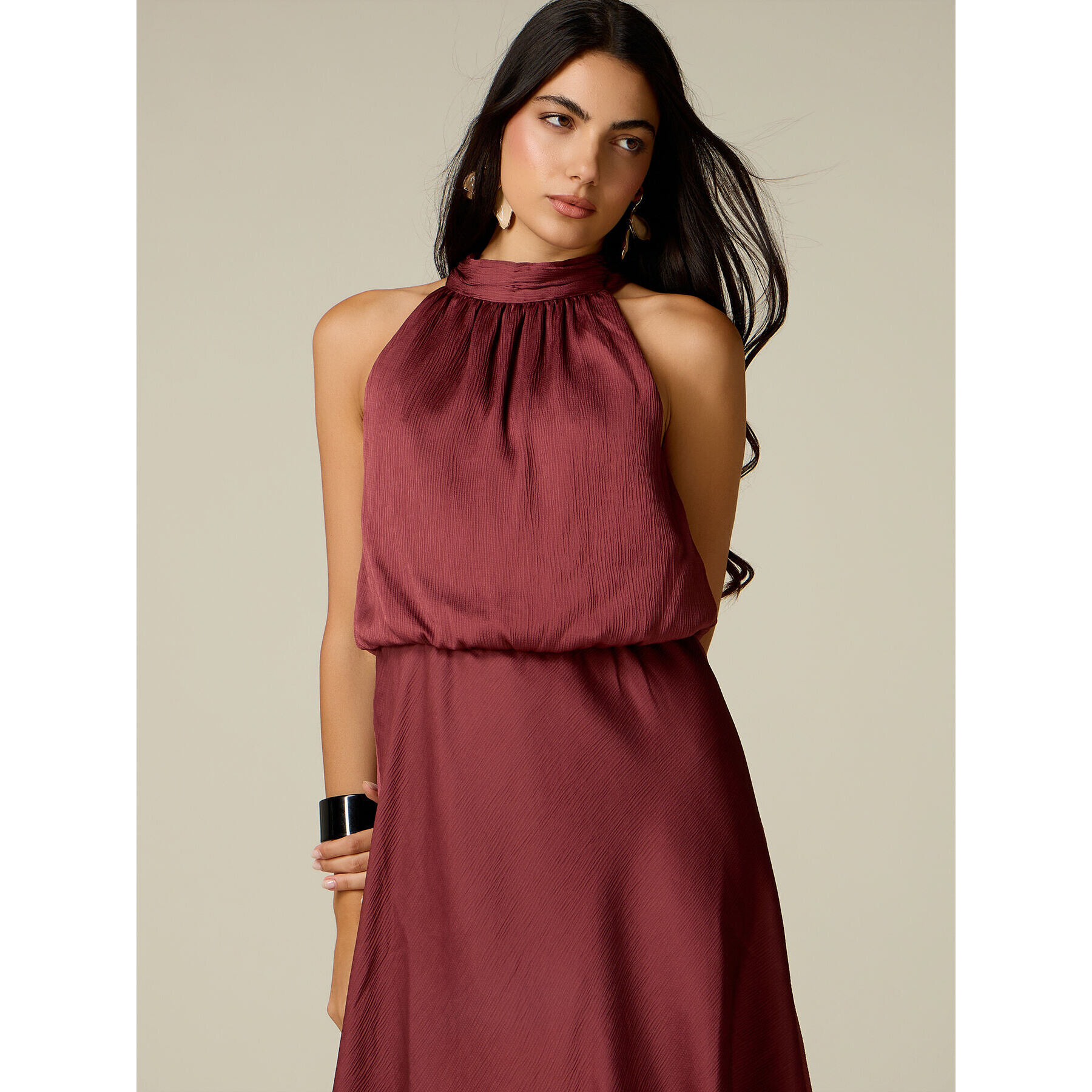 Oltre - Vestito midi halter neck in raso - Bordeaux