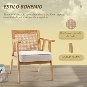 Butaca de Salón Sillón de Salón con Reposabrazos Respaldo de Ratán y Marco de Madera de Caucho Butaca para Dormitorio Sala de Estar Carga 120 kg Natural y Beige