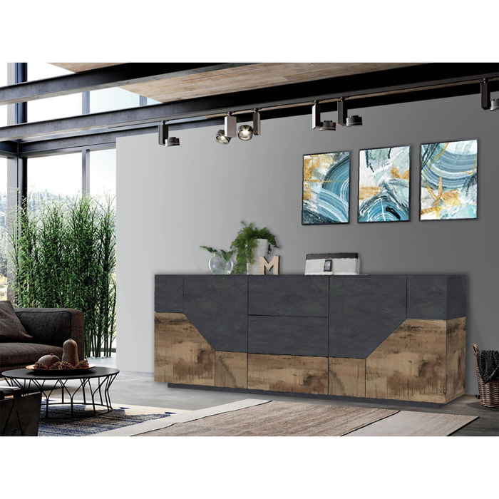 Credenza moderna a 4 ante geometriche e 3 cassetti, Made in Italy, Madia da cucina, Buffet di design da soggiorno, Cm 220x43h86, Ardesia e Acero