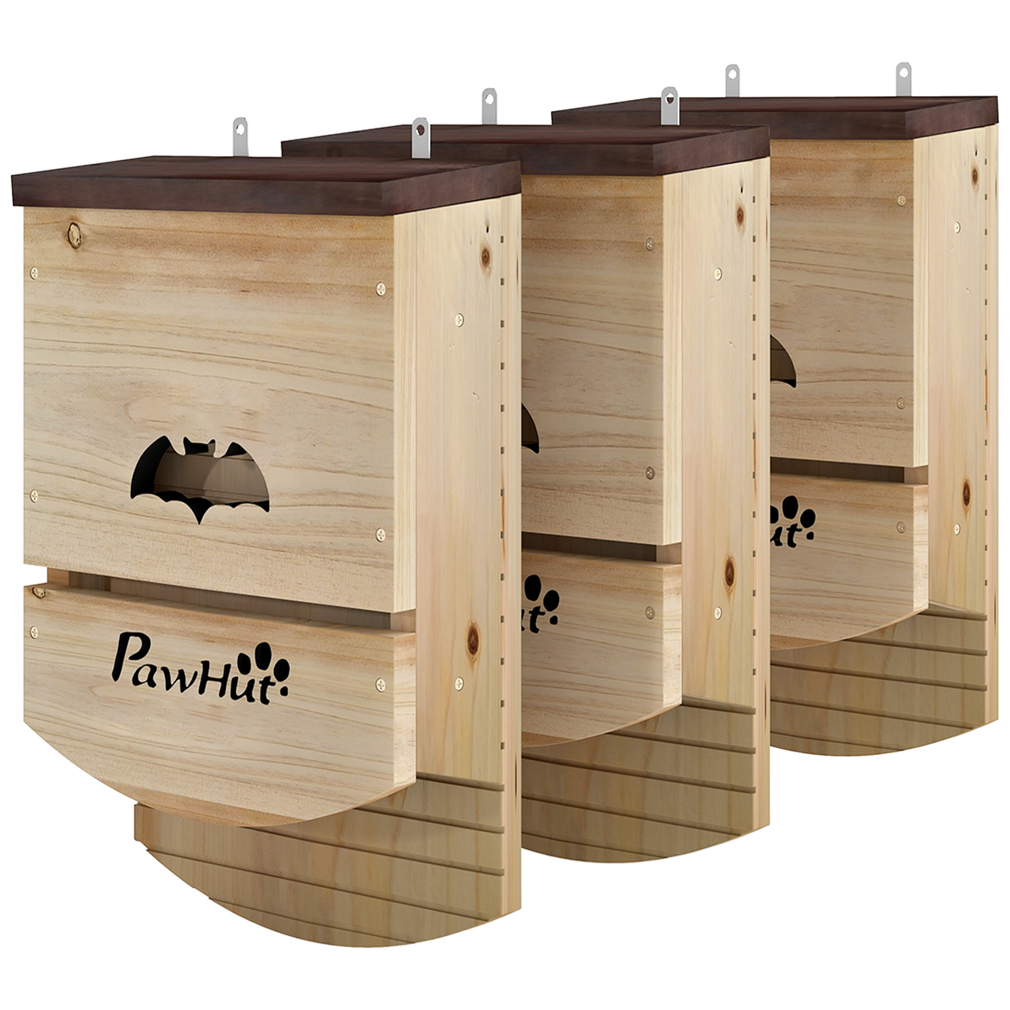 Lot de 3 nichoirs chauve-souris plateforme et 2 chambres bois marron