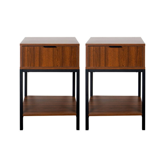 Lot de deux tables de chevet coloris noyer avec pieds et poignée en métal noir - 1 tiroir et 1 étagère